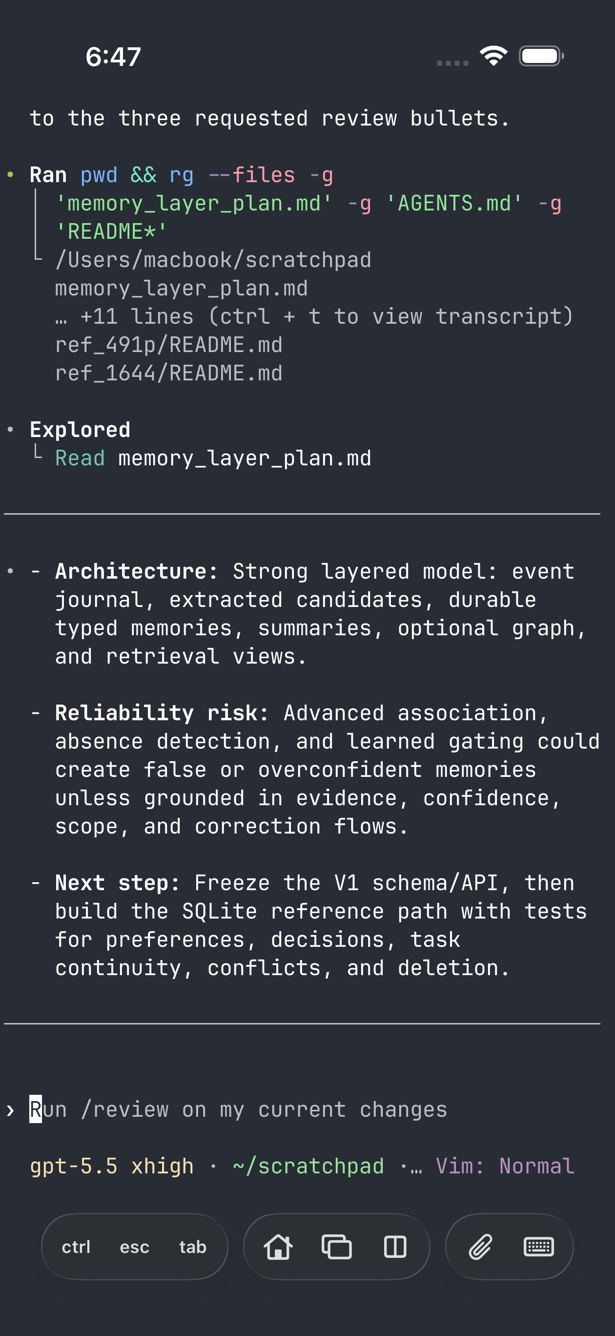 Codex reviewing an architecture document in Remux with the iPhone terminal dock visible