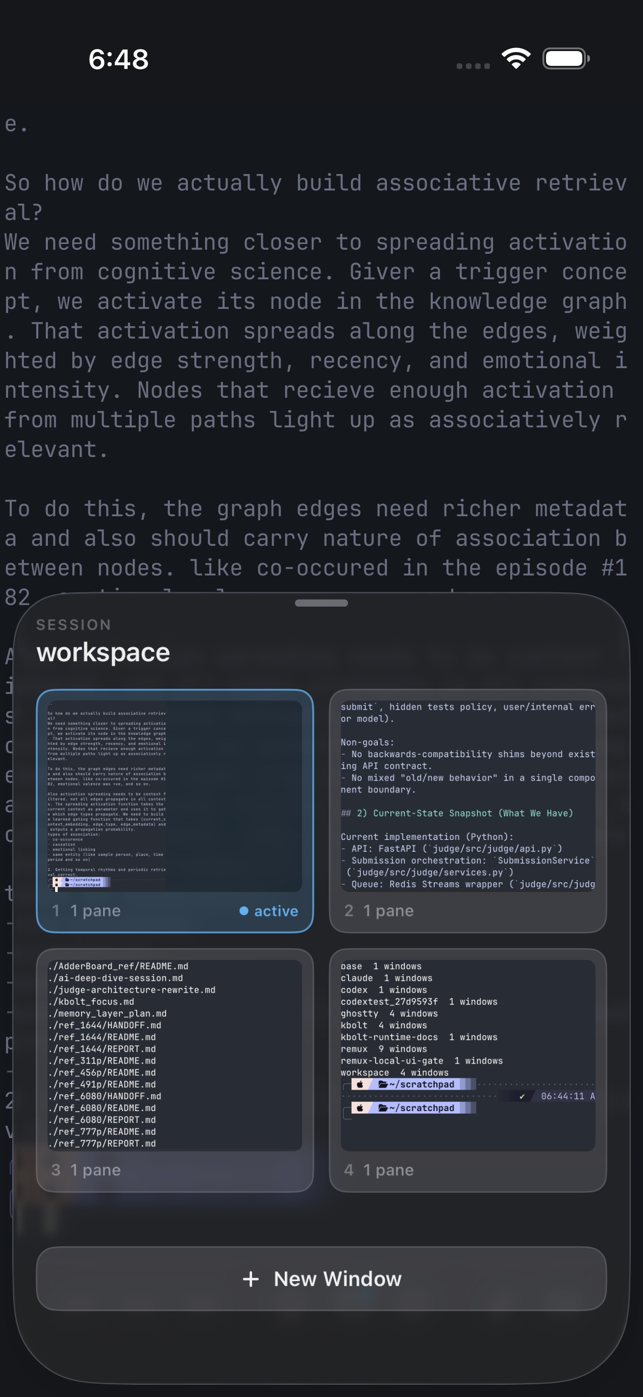 The Remux window picker showing four live previews from a remote developer workspace